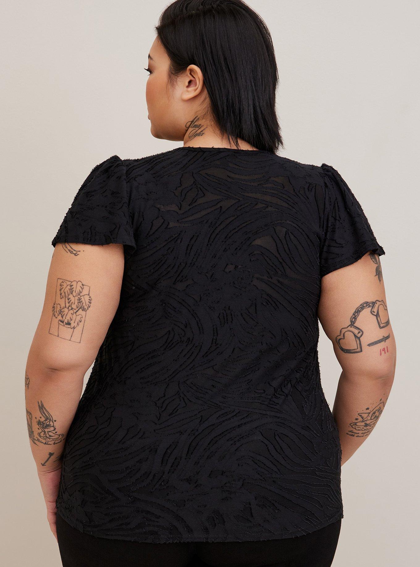 Plus Size Knit Jacquard Crew Neck Flutter Sleeve Tee, DEEP BLACK, alternate