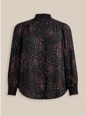 Plus Size Georgette Button Front Smocked Collar Long Sleeve Blouse , WINDY FLORAL, hi-res