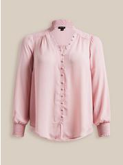 Georgette Button Front Smocked Collar Long Sleeve Blouse , BLEACHED MAUVE, hi-res
