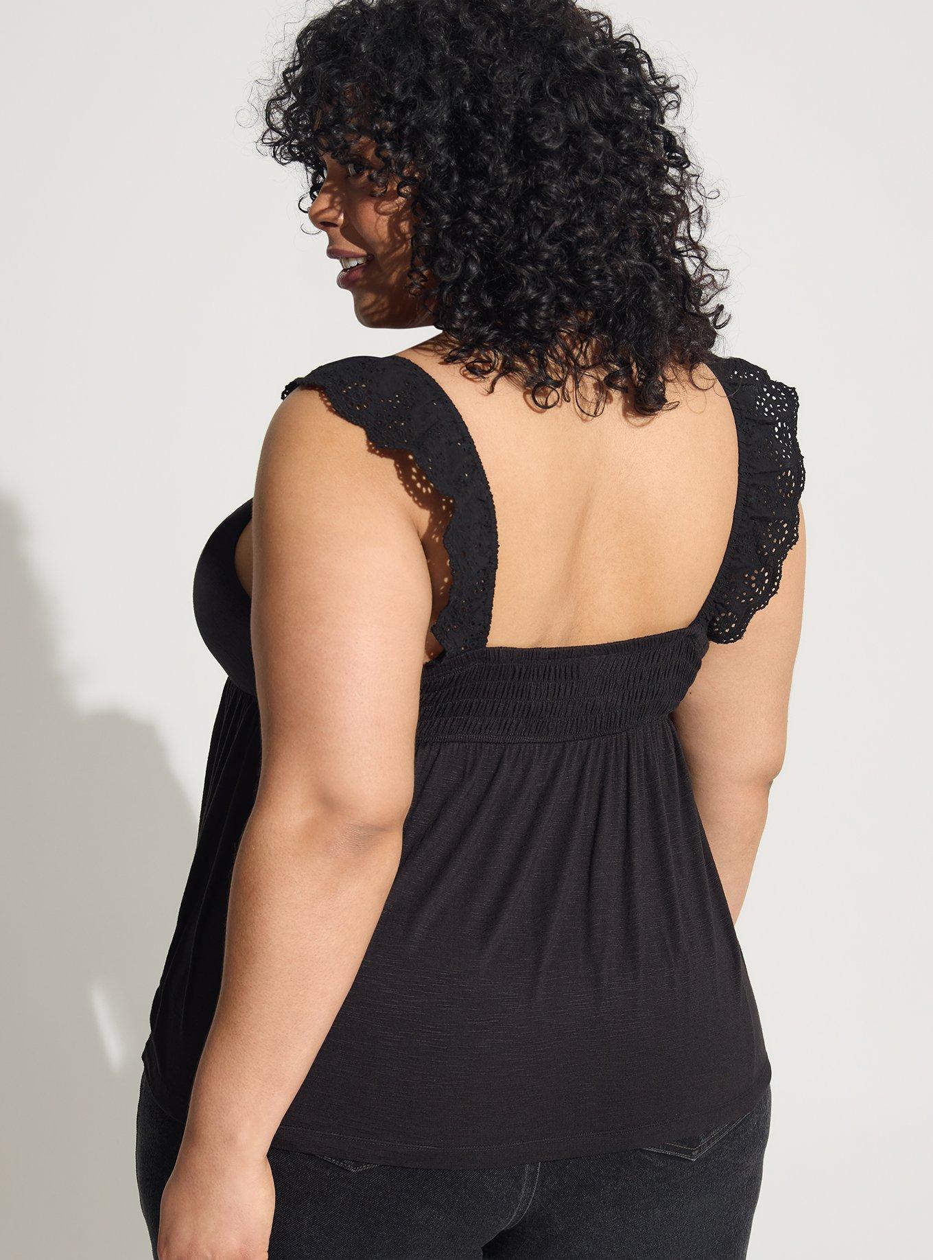 Slub Sweetheart Ruffle Eyelet Shoulder Tie Detail Tank