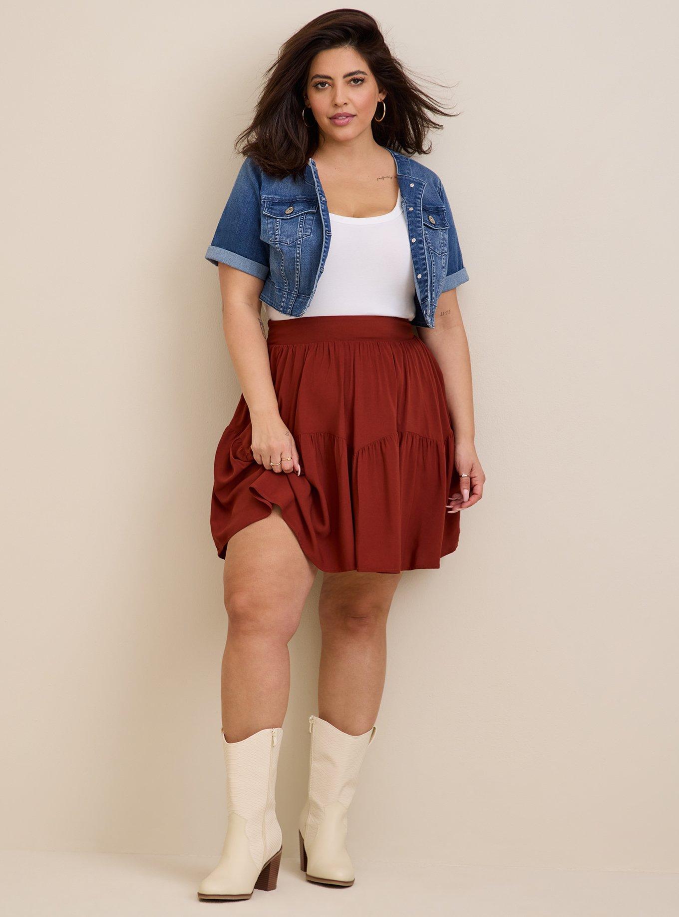 Mini Challis Tiered Skater Skirt, BRICK, hi-res