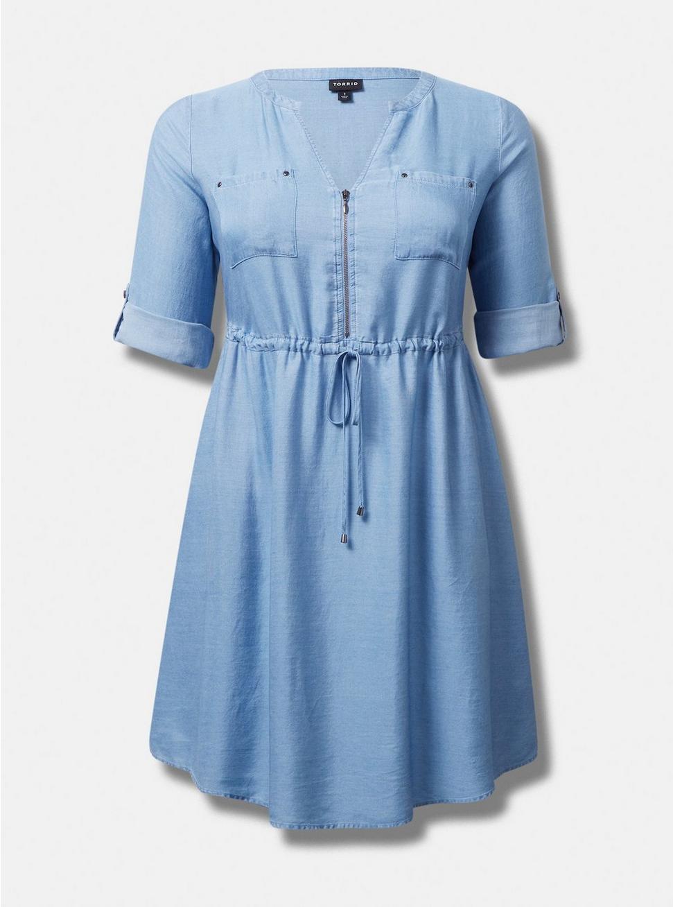 Mini Chambray Zip Front Shirt Dress, MEDIUM WASH, hi-res