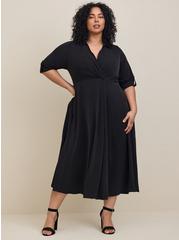 Plus Size Midi Studio Crepe De Chine Collared Shirt Dress, BLACK, hi-res