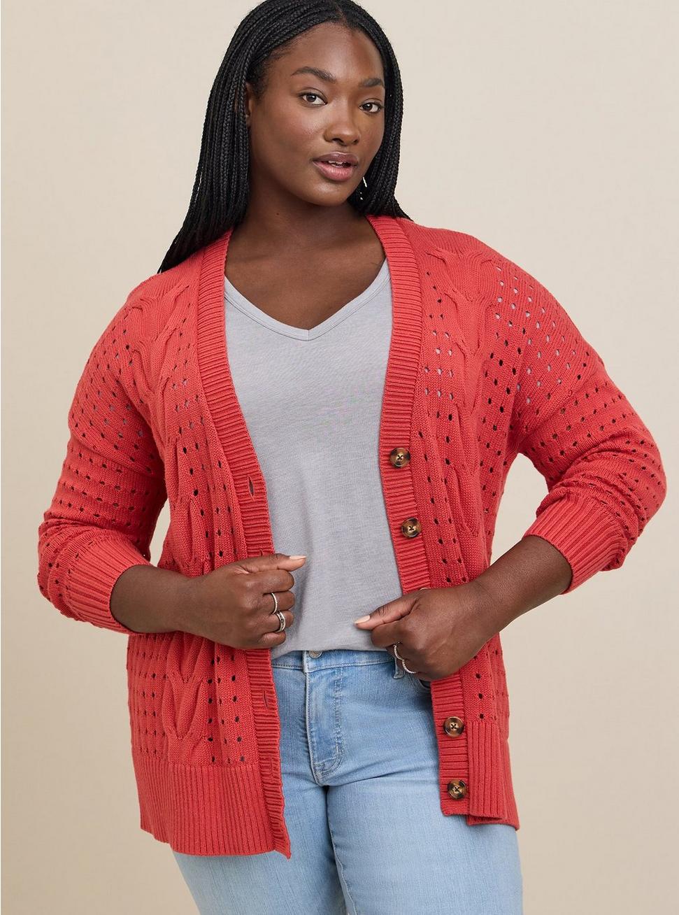 Plus Size Cable Boyfriend Cardigan Sweater, BAKED APPLE, alternate