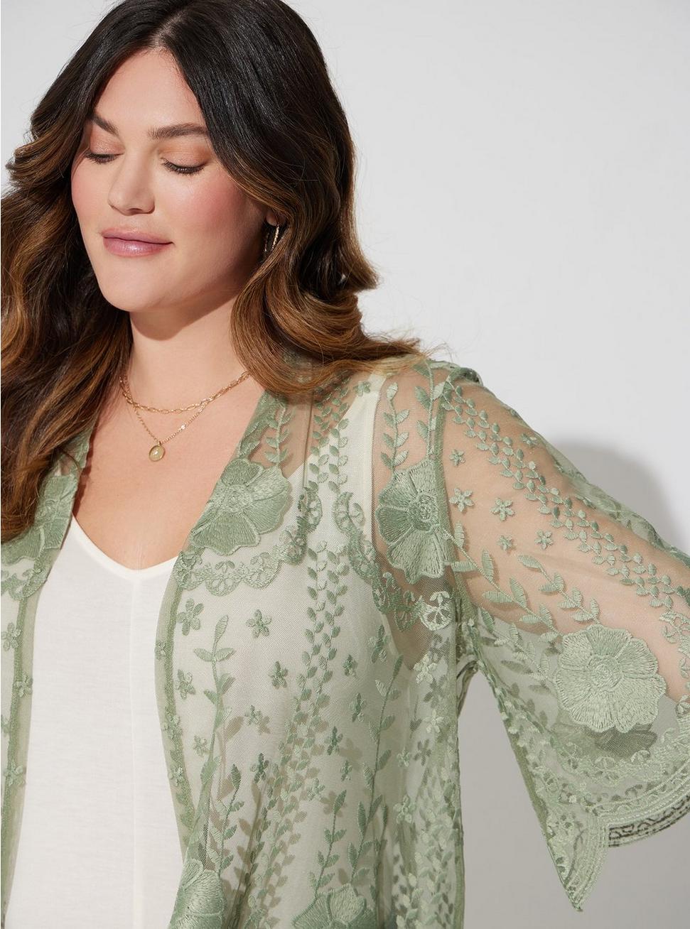 Plus Size Mesh Crochet Lace Kimono, SAGE, alternate