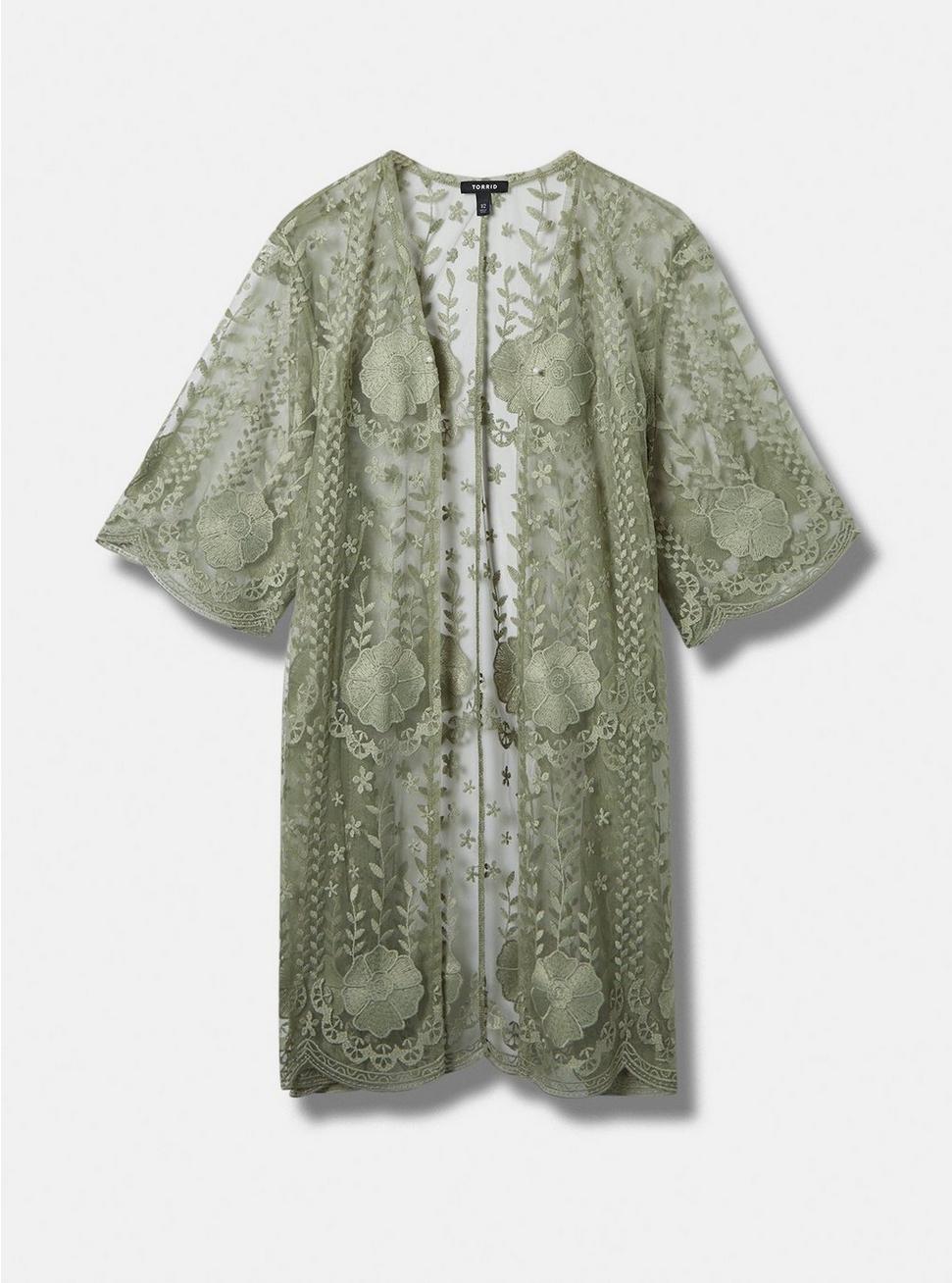 Plus Size Mesh Crochet Lace Kimono, SAGE, hi-res