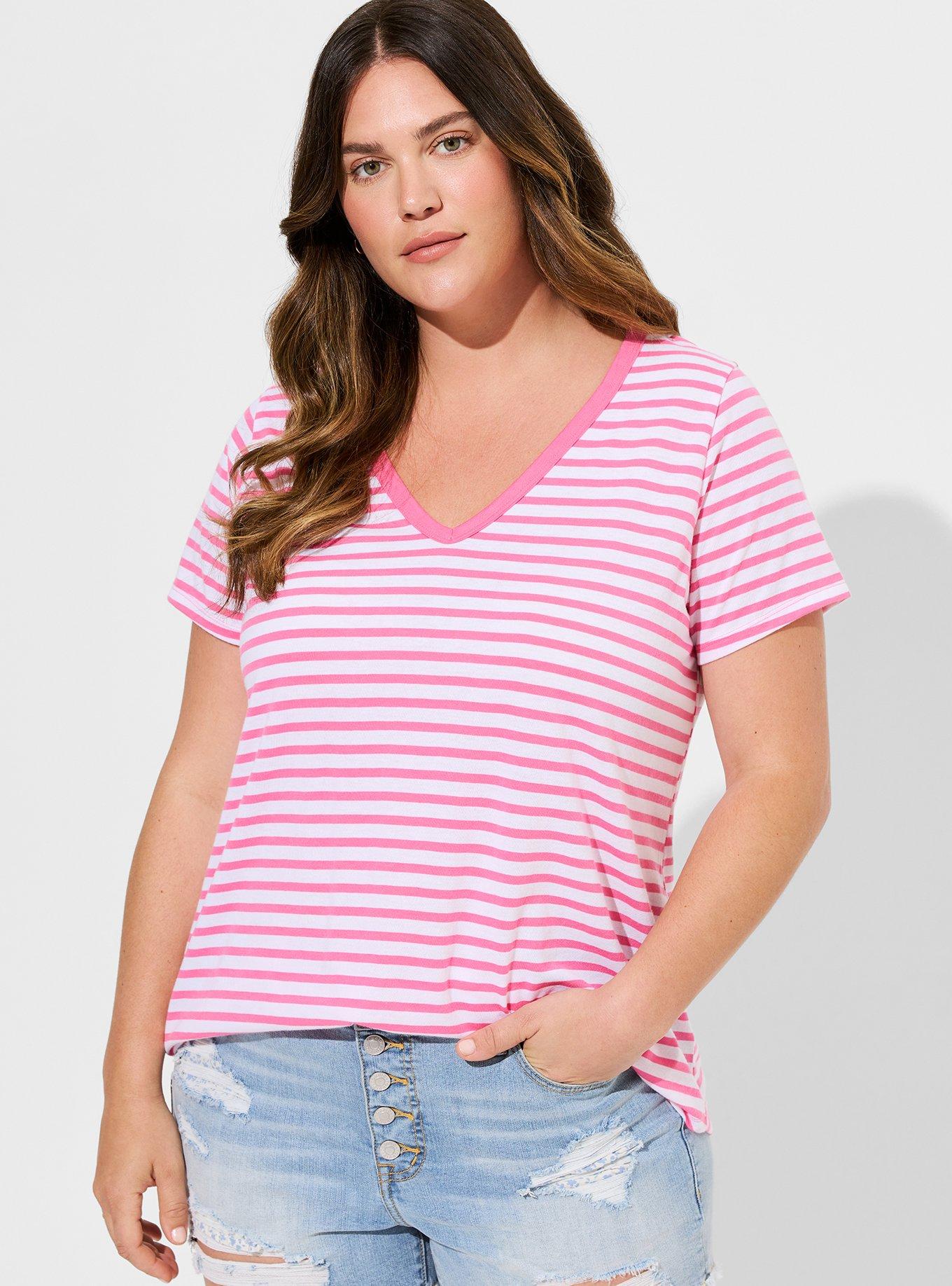 Plus Size Girlfriend Signature Jersey V-Neck Tee, PINK STRIPE, alternate