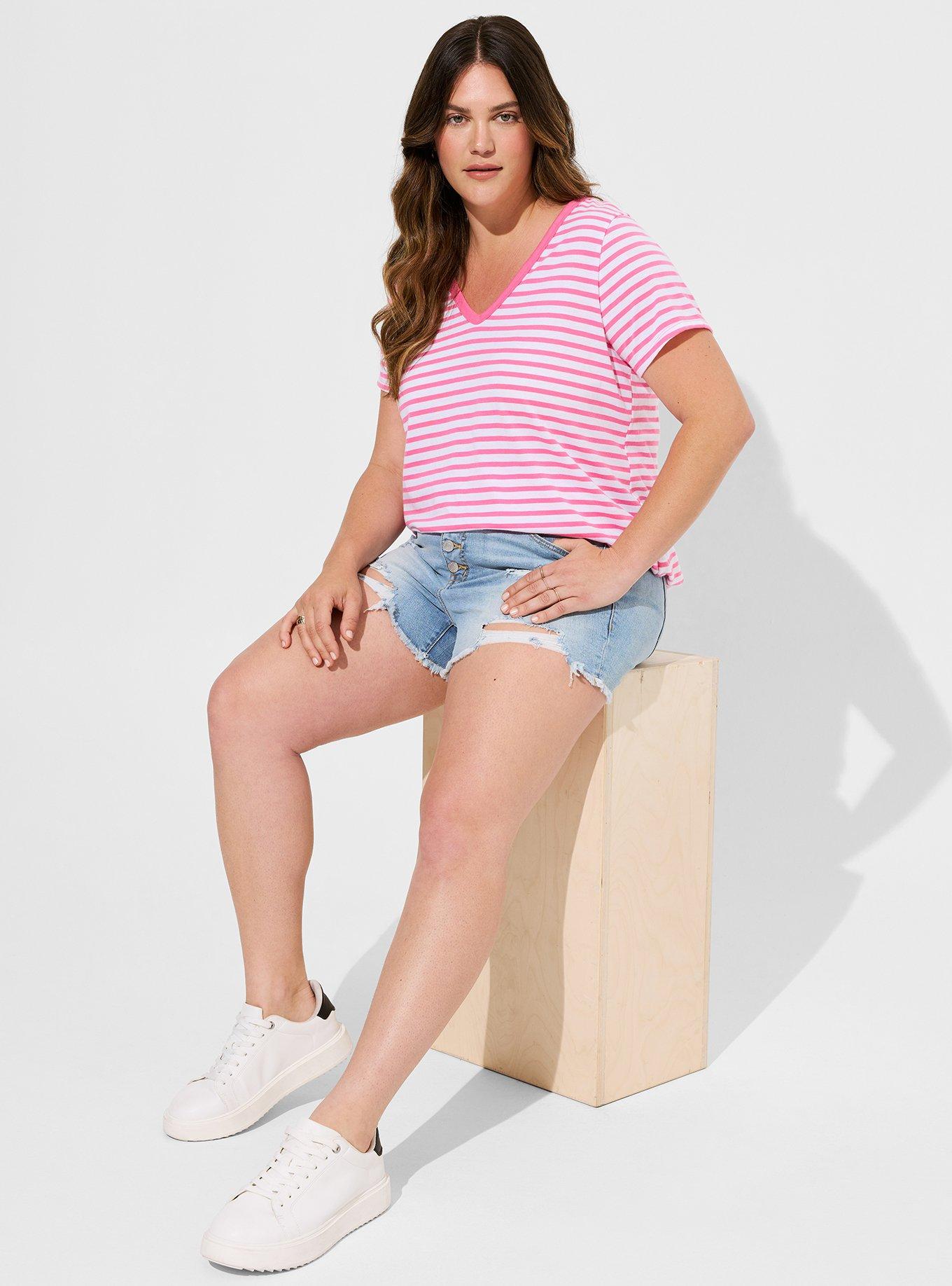 Plus Size Girlfriend Signature Jersey V-Neck Tee, PINK STRIPE, hi-res