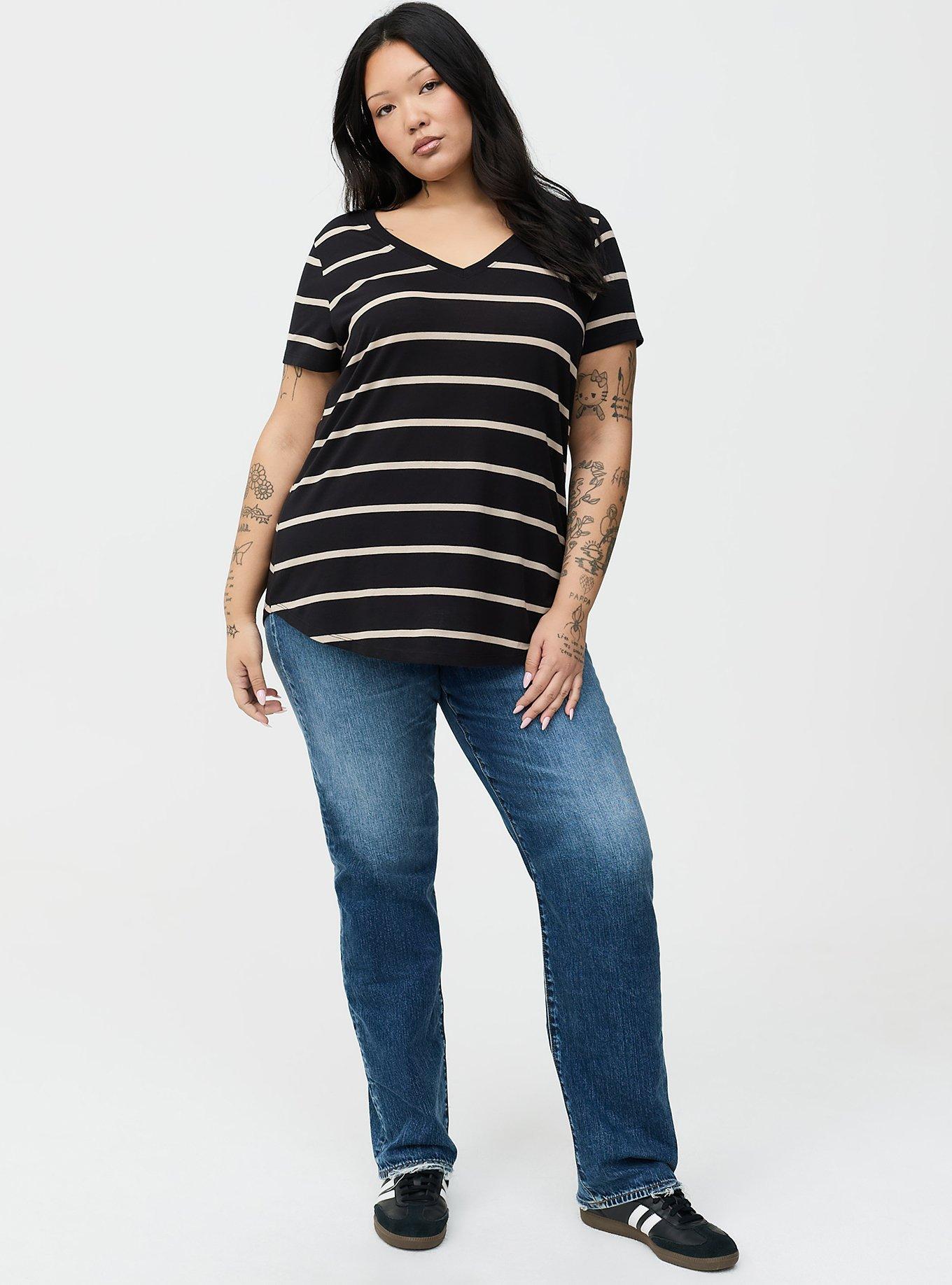 Girlfriend Signature Jersey V-Neck Tee, DEEP BLACK TEA STAIN STRIPE, alternate