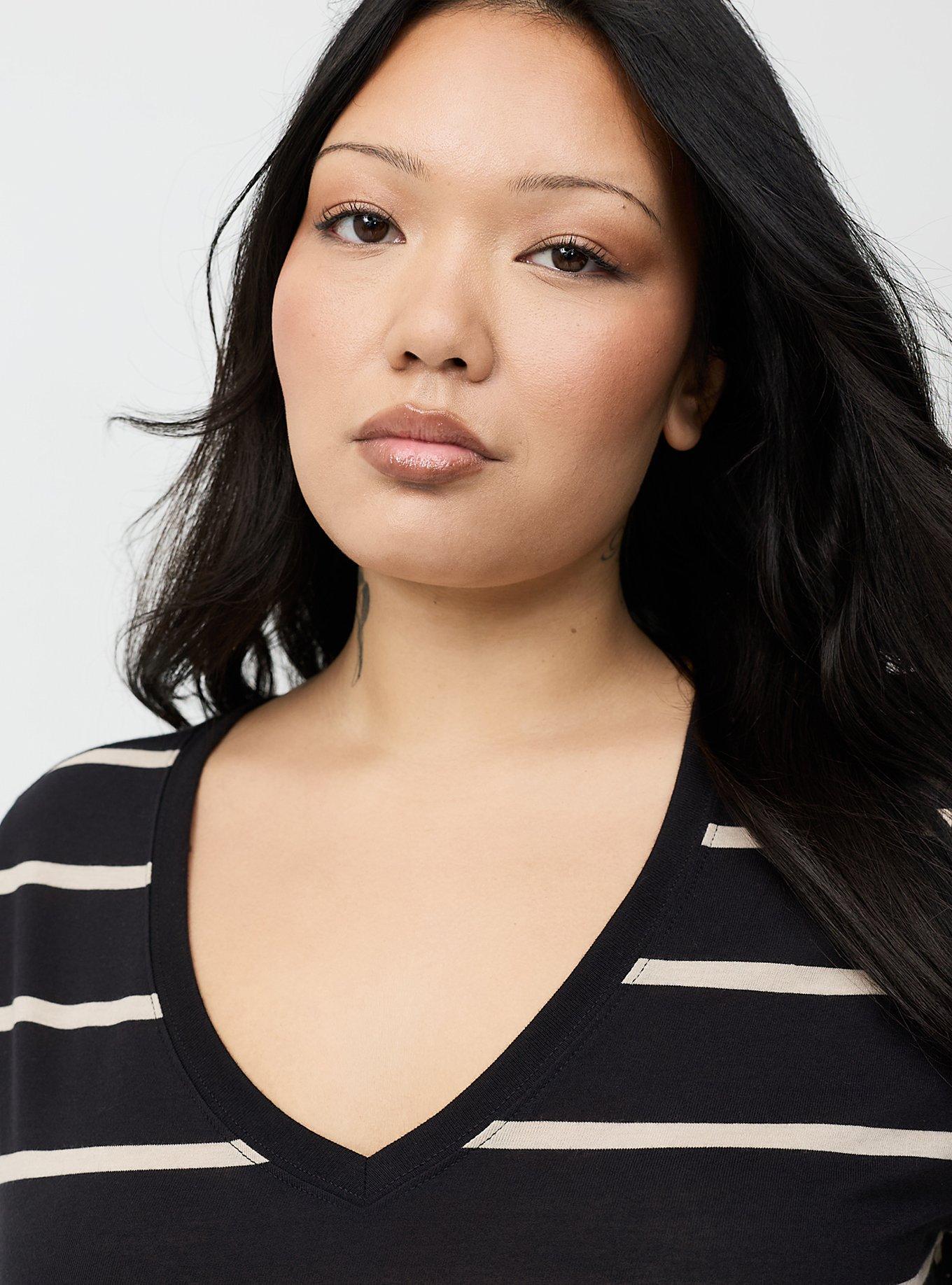 Girlfriend Signature Jersey V-Neck Tee, DEEP BLACK TEA STAIN STRIPE, alternate