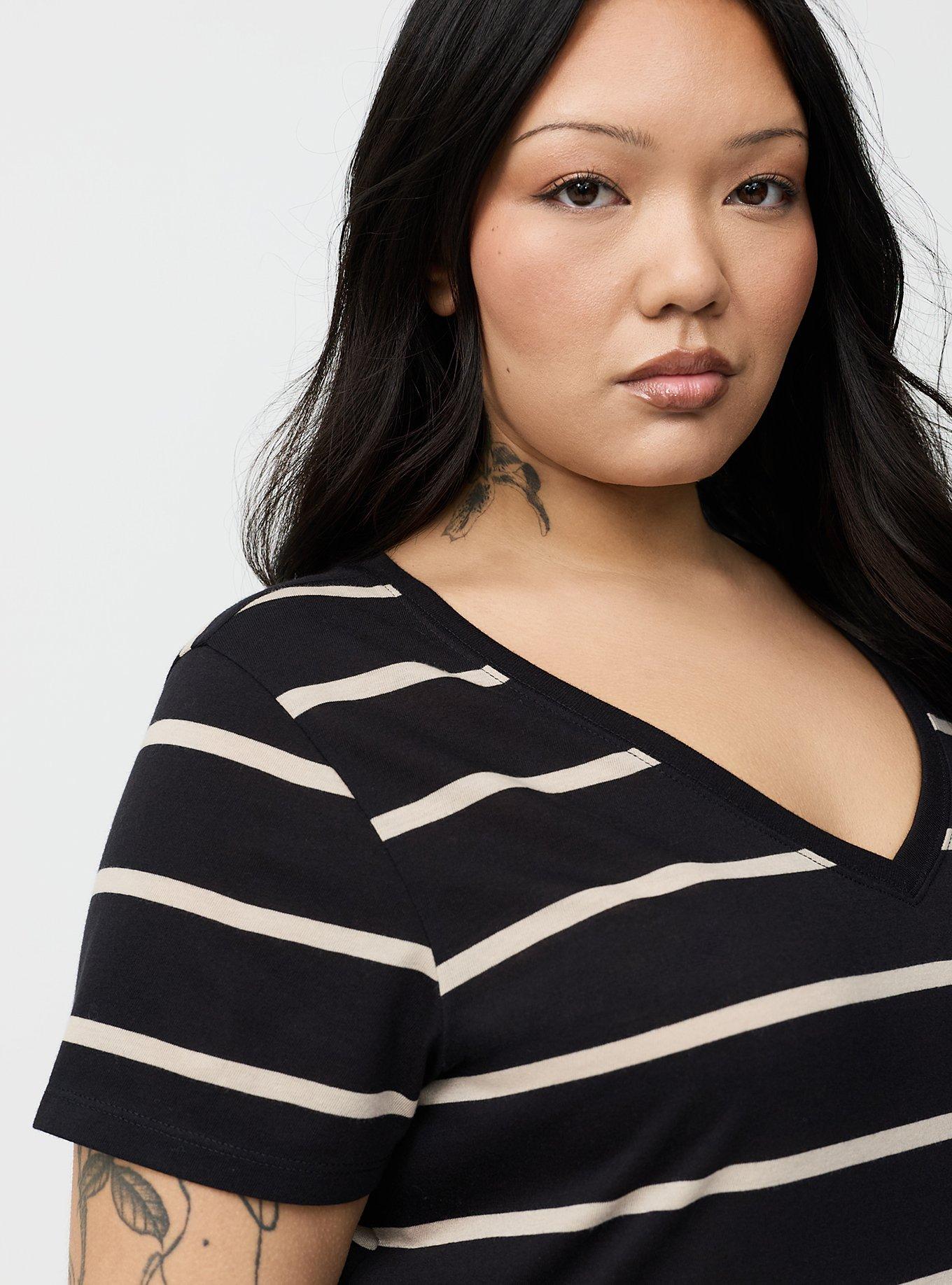 Girlfriend Signature Jersey V-Neck Tee, DEEP BLACK TEA STAIN STRIPE, alternate