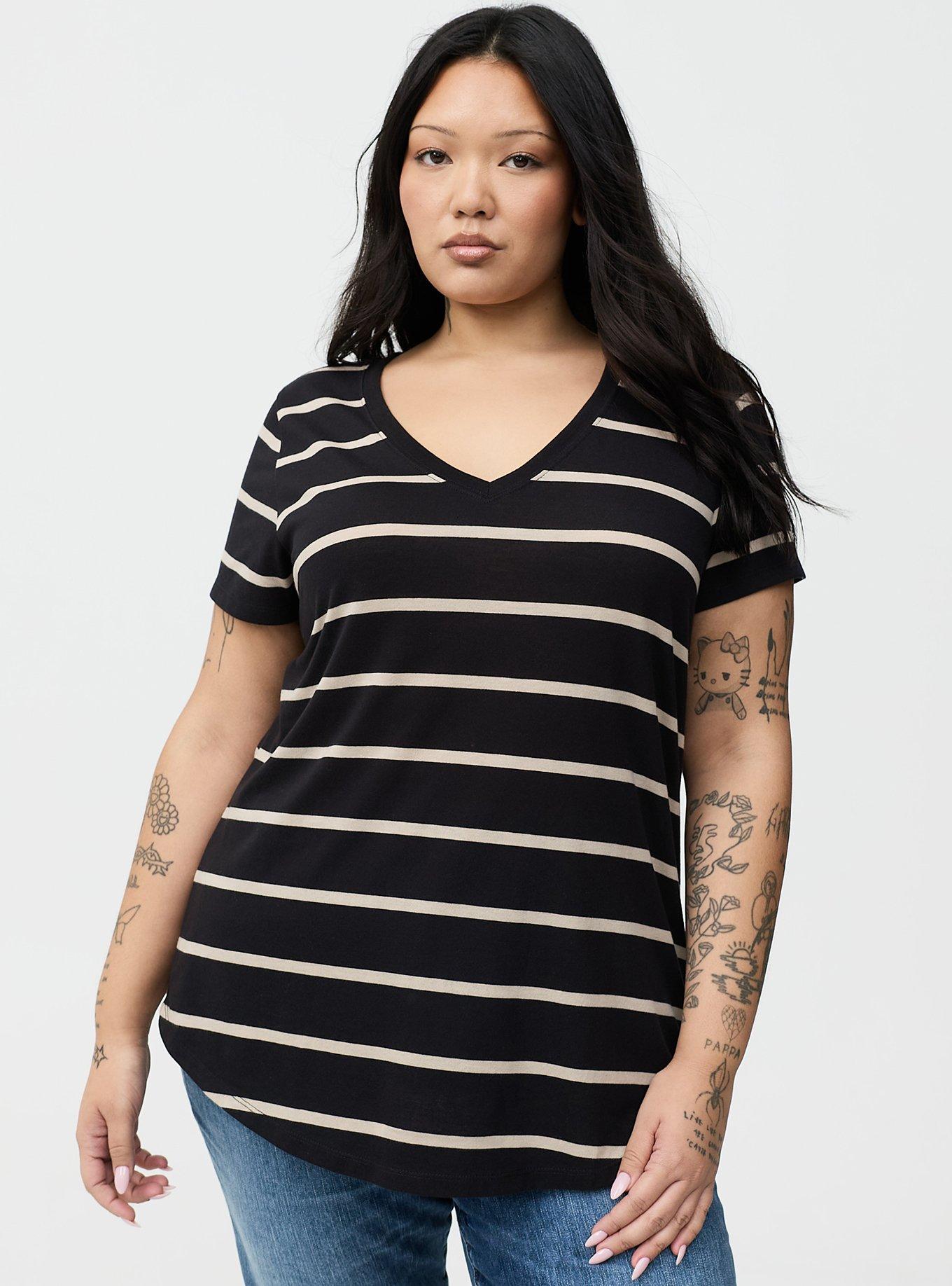 Plus Size Girlfriend Signature Jersey V-Neck Tee, DEEP BLACK TEA STAIN STRIPE, hi-res