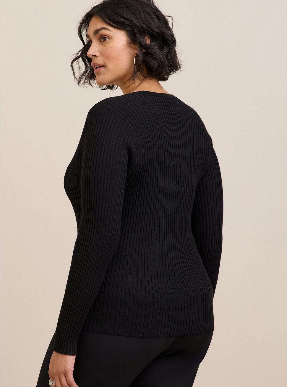 Fitted Cardigan V-Neck Sweater, DEEP BLACK, alternate