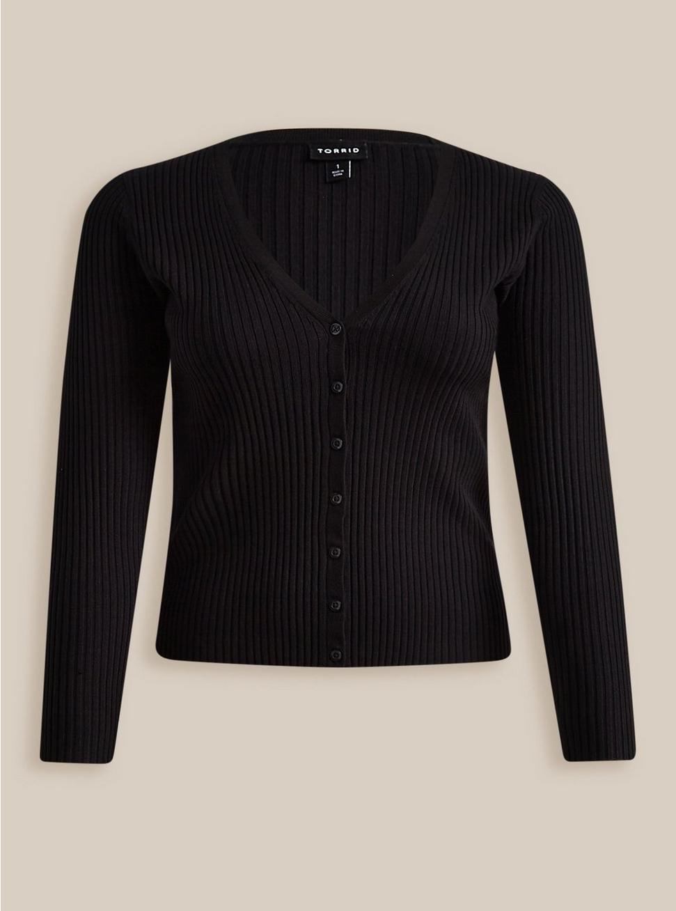 Fitted Cardigan V-Neck Sweater, DEEP BLACK, hi-res