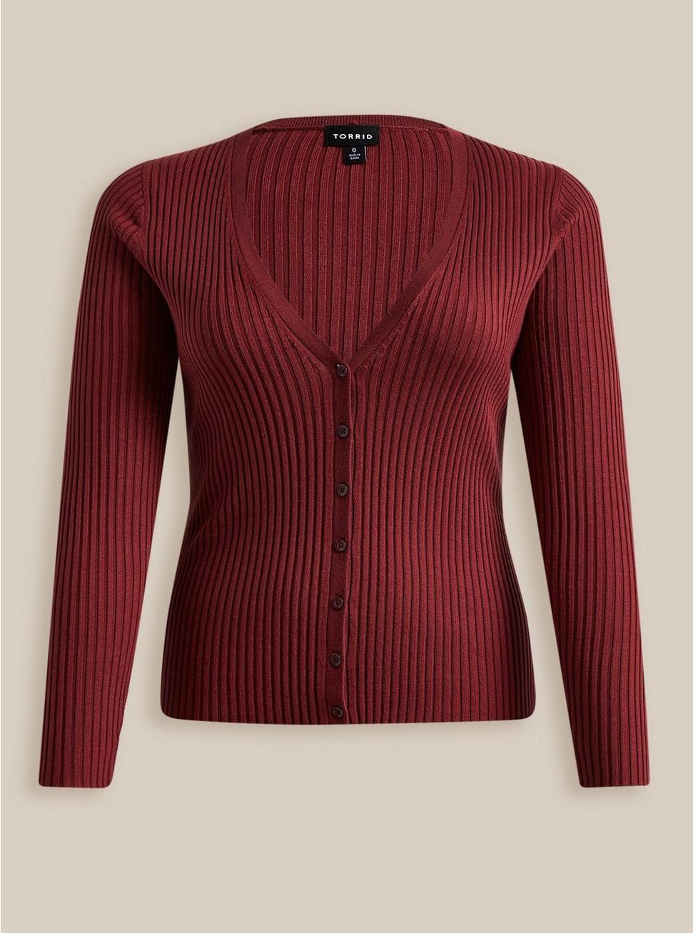 Fitted Cardigan V-Neck Sweater, MAROON, hi-res