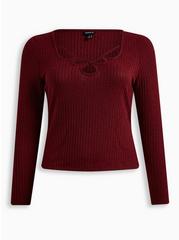 Brushed Rib Scoop Neck Cut Out Long Sleeve Crop Tee, RED, hi-res