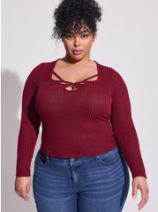 Brushed Rib Scoop Neck Cut Out Long Sleeve Crop Tee, RED, hi-res