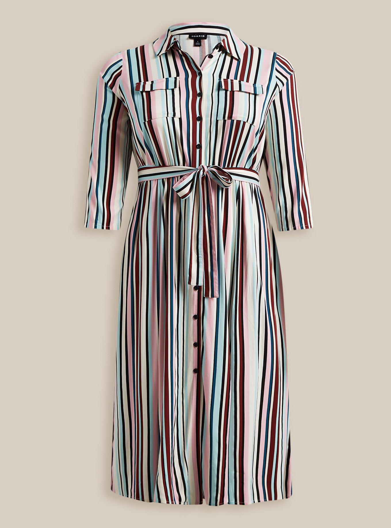 Plus Size - Midi Stretch Challis Button Front Shirt Dress Multi Stripe ...