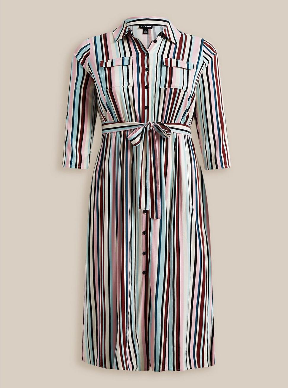 Midi Stretch Challis Button Front Shirt Dress Multi Stripe , STRIPE - MULTI, hi-res