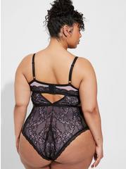 Lace And Mesh Bodysuit With Cutouts, RICH BLACK AND CROCUS PETAL, alternate