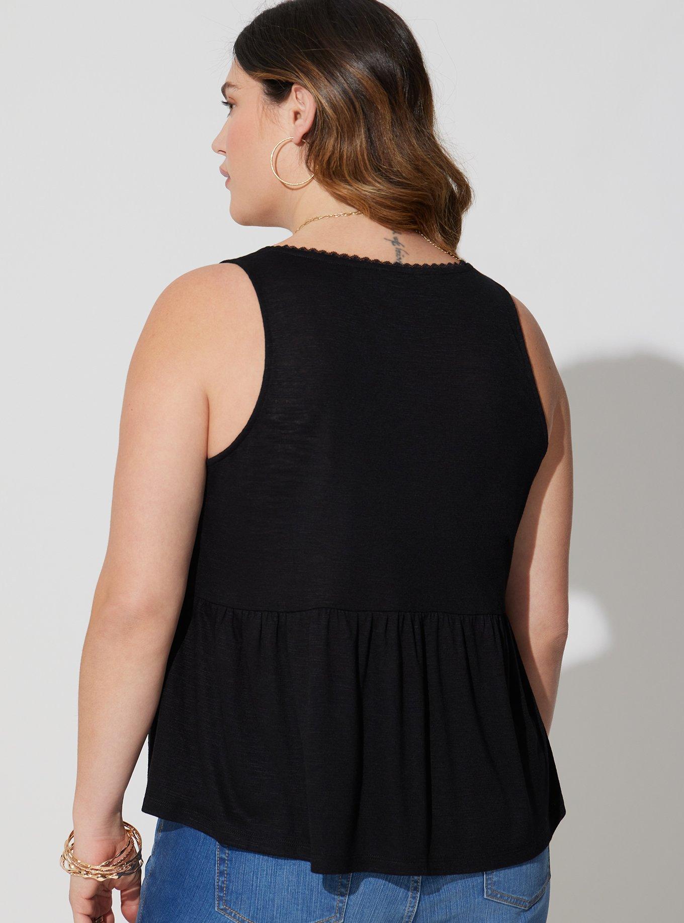 Cotton Modal Slub Ladder Trim V-Neck Babydoll Tank, DEEP BLACK, alternate