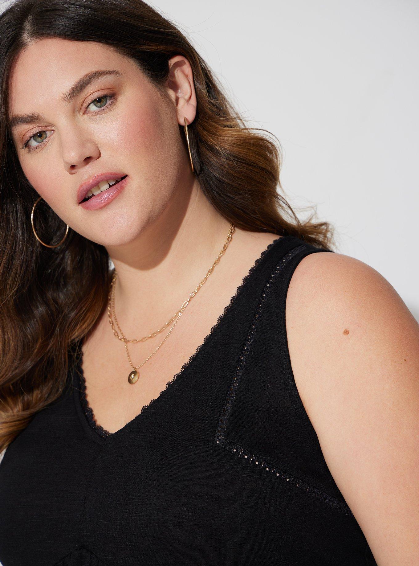 Cotton Modal Slub Ladder Trim V-Neck Babydoll Tank, DEEP BLACK, alternate