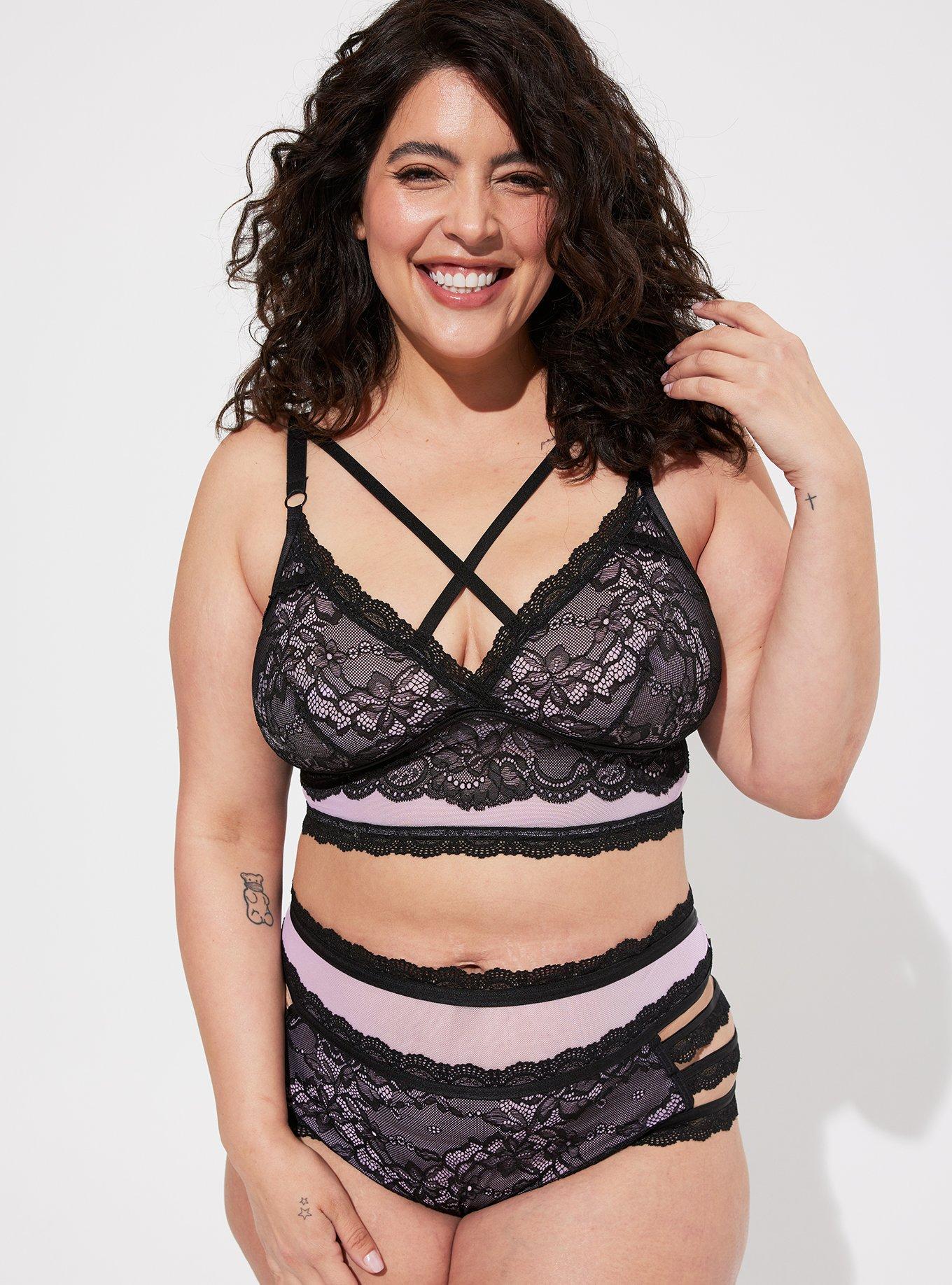 Plus Size Lace And Mesh Longline Bra, RICH BLACK AND CROCUS PETAL, alternate
