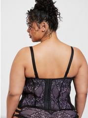 Plus Size Lace And Mesh Bustier With Open Bust, RICH BLACK AND CROCUS PETAL, alternate