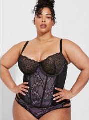 Plus Size Lace And Mesh Bustier With Open Bust, RICH BLACK AND CROCUS PETAL, hi-res