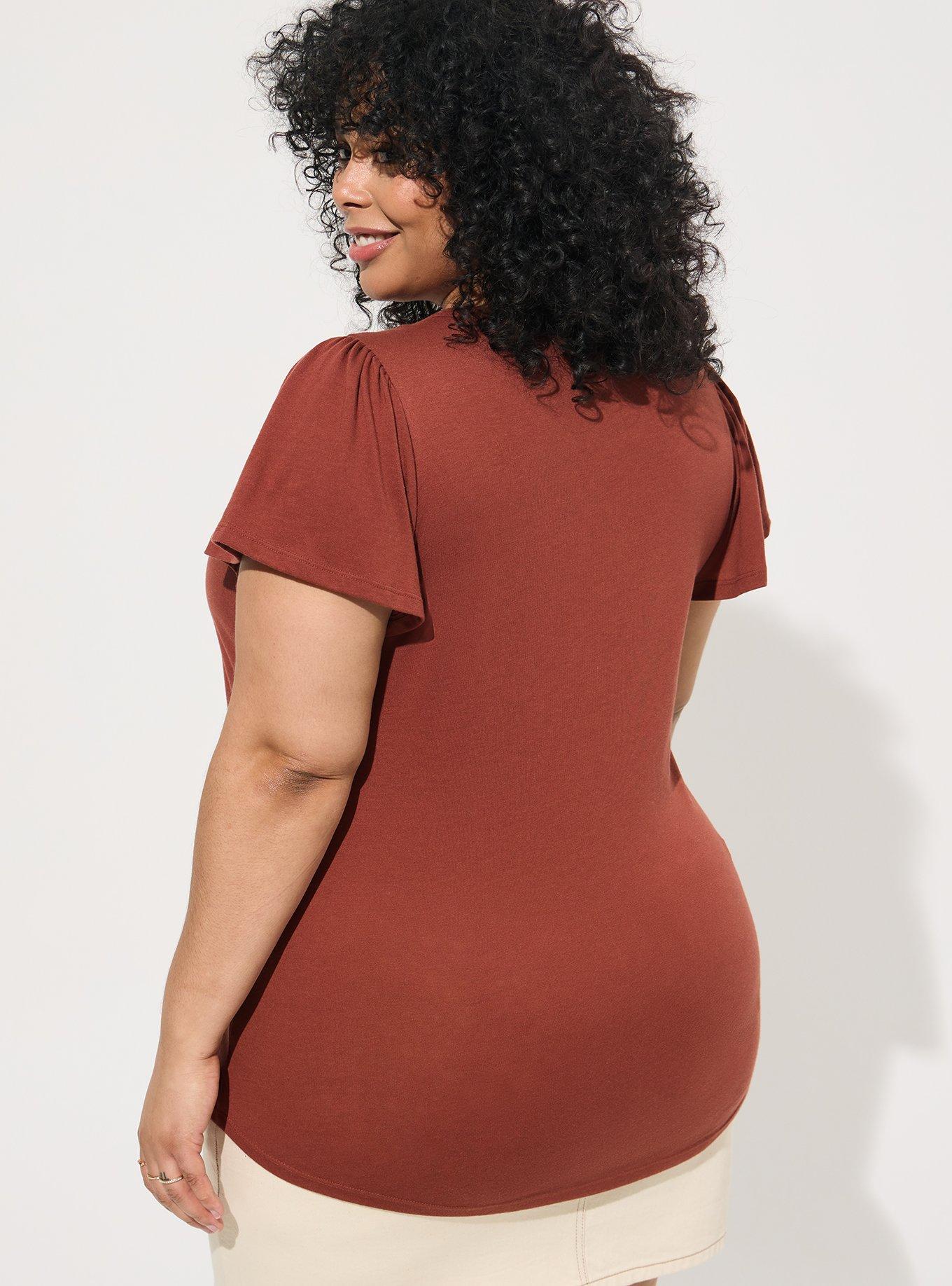 Plus Size Girlfriend Heritage Slub V-Neck Flutter Sleeve Tee, BROWN, alternate