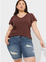 Plus Size Girlfriend Signature Jersey V-Neck Flutter Sleeve Tee, PUCE, hi-res