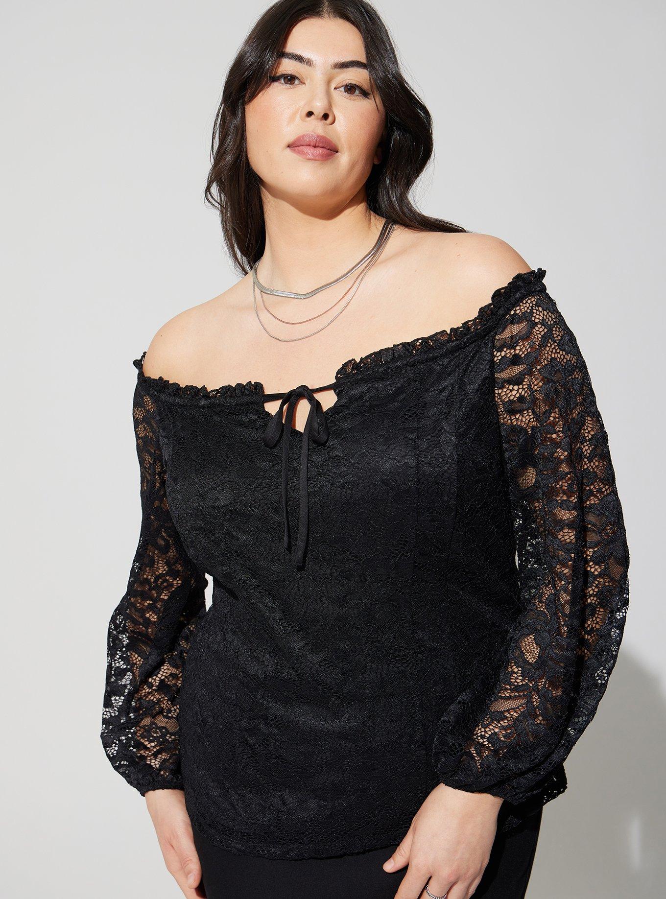 Stretch Lace Off Shoulder Corset Seamed Long Sleeve Top