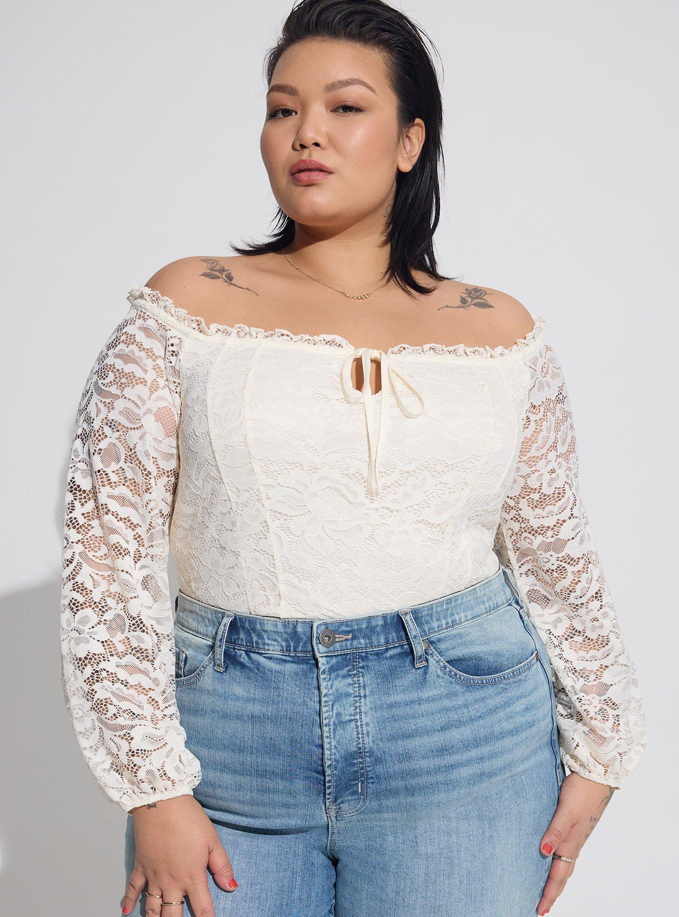 Plus Size - Stretch Lace Off Shoulder Corset Seamed Long Sleeve