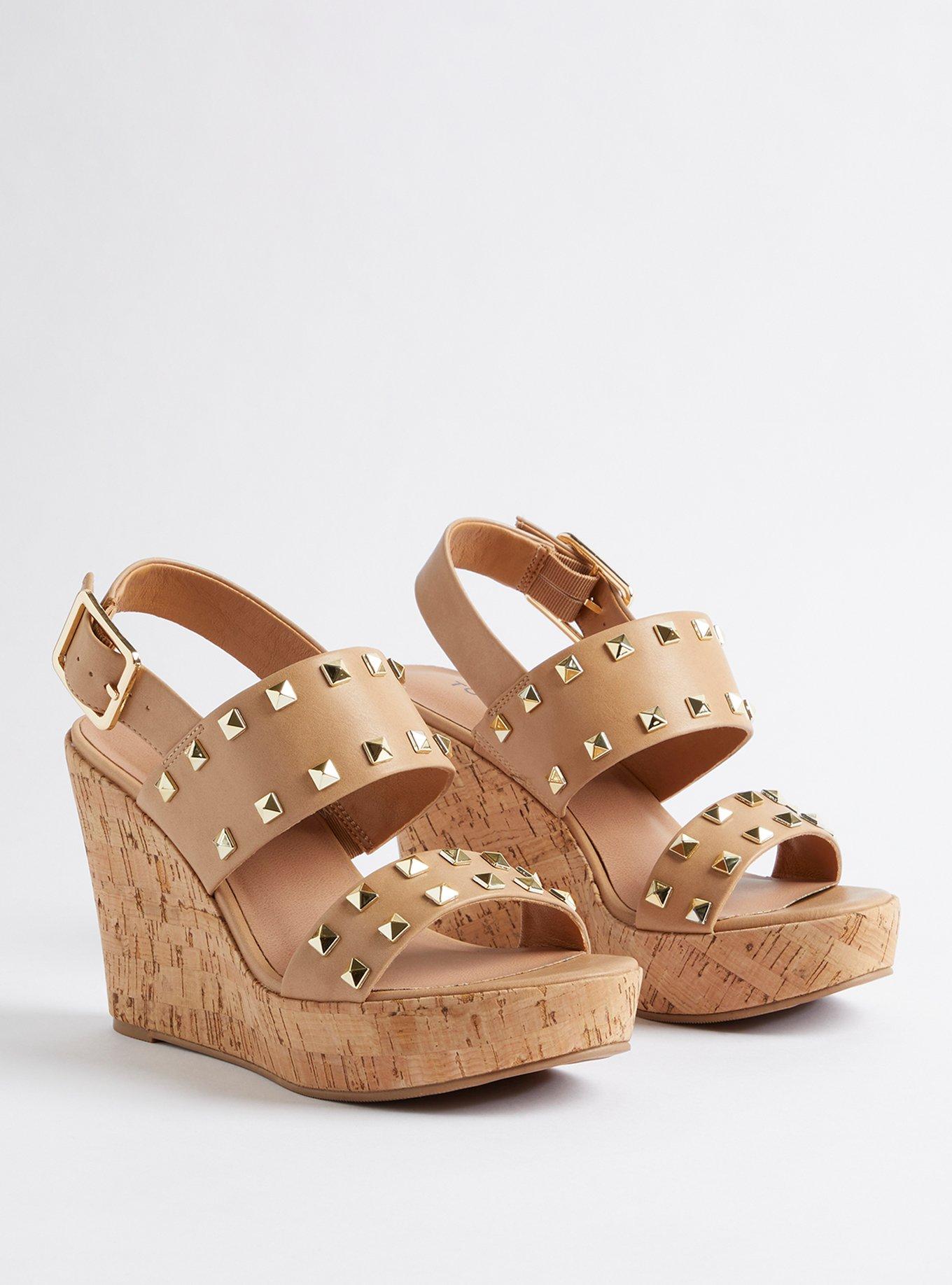 Plus Size Studded Double Strap Platform Wedge (WW), TAN, hi-res