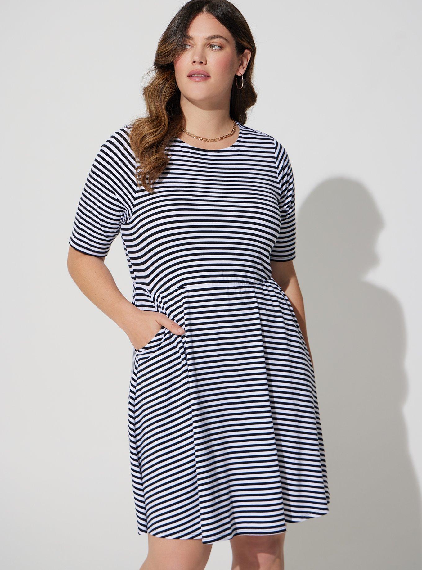 Plus Size Mini Jersey Twist Back Skater Dress, BLACK WHITE STRIPE, alternate