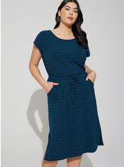 Plus Size Midi Jersey Cross Back Slit Dress, STRIPE BLUE, alternate