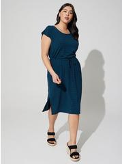 Plus Size Midi Jersey Cross Back Slit Dress, STRIPE BLUE, hi-res