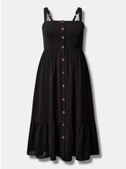 Plus Size Tea Length Chambray Button Front Dress, DEEP BLACK, hi-res