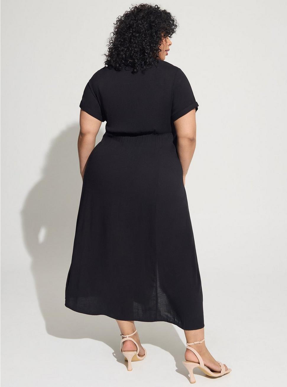 Maxi Rayon Slub Button Front Godet A-line Dress, DEEP BLACK, alternate