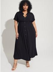 Maxi Rayon Slub Button Front Godet A-line Dress, DEEP BLACK, hi-res