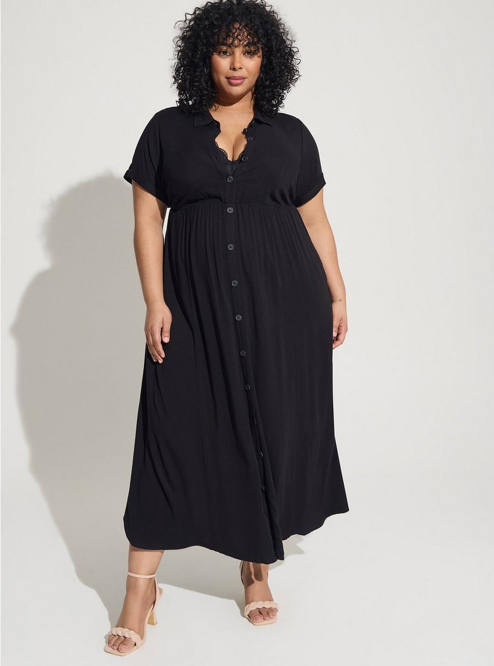 Maxi Rayon Slub Button Front Godet A-line Dress, DEEP BLACK, hi-res