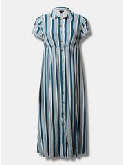 Plus Size Maxi Rayon Slub Button Front Godet A-line Dress, STRIPE - BLUE, hi-res
