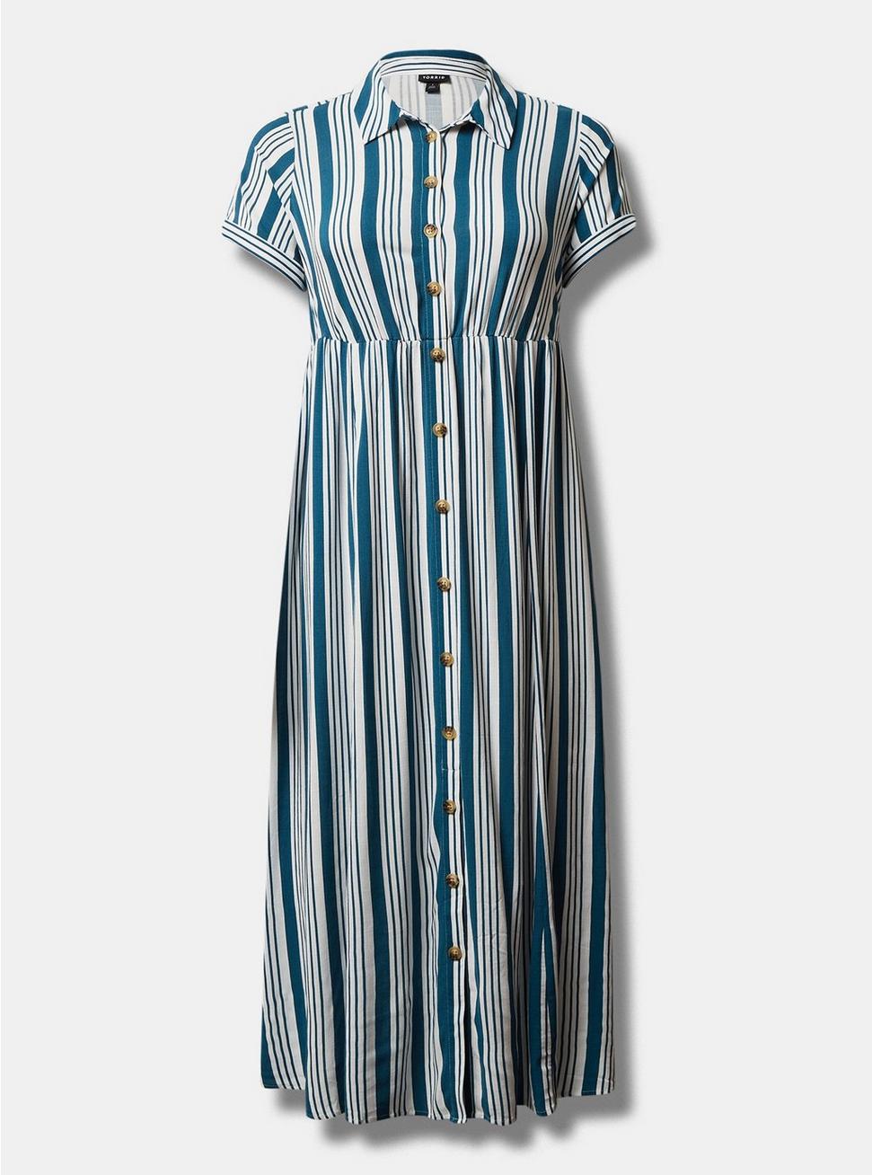 Plus Size Maxi Rayon Slub Button Front Godet A-line Dress, STRIPE - BLUE, hi-res