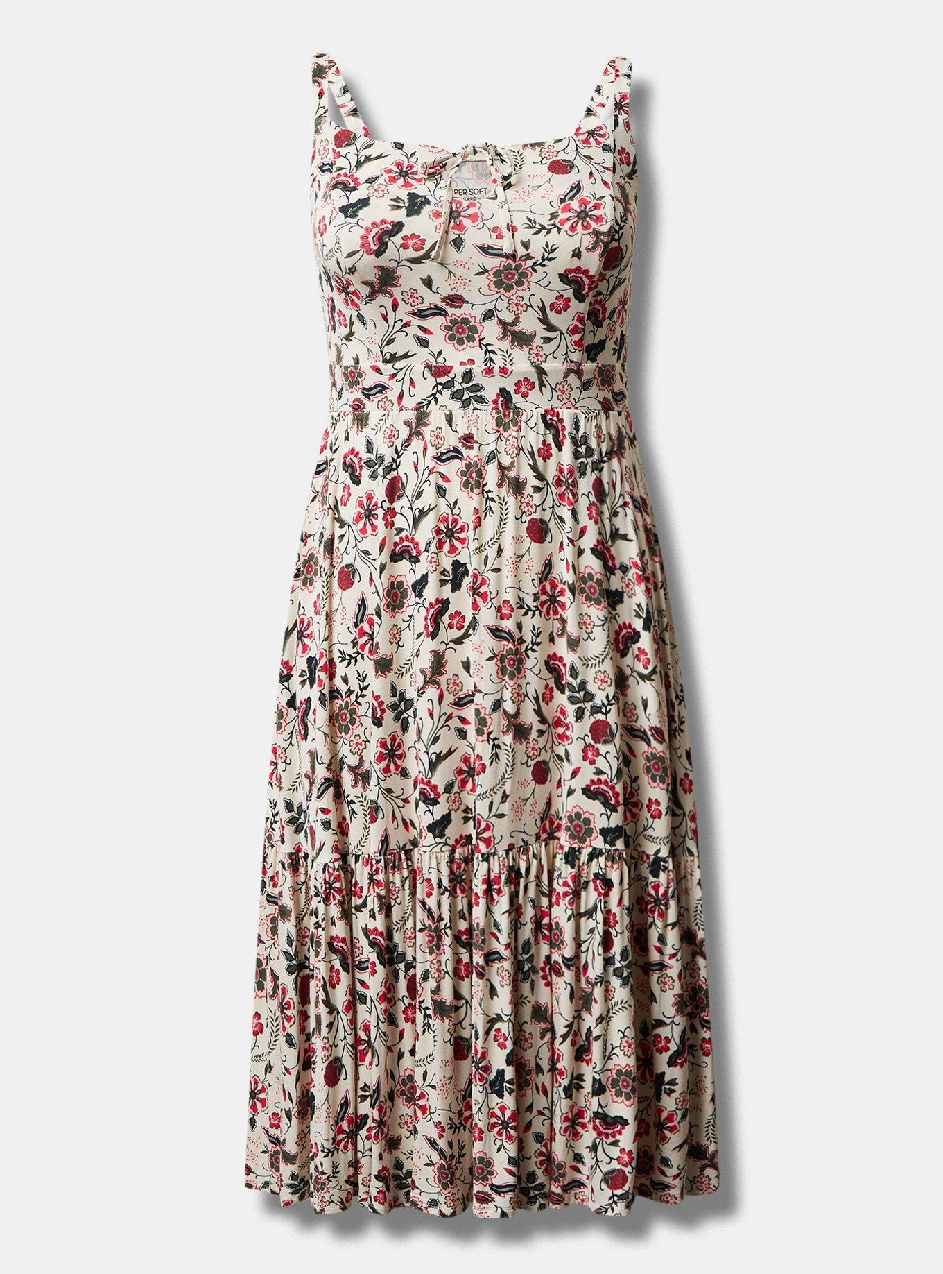 Plus Size Midi Supersoft Tiered Tie Front Dress, FLORAL IVORY, hi-res