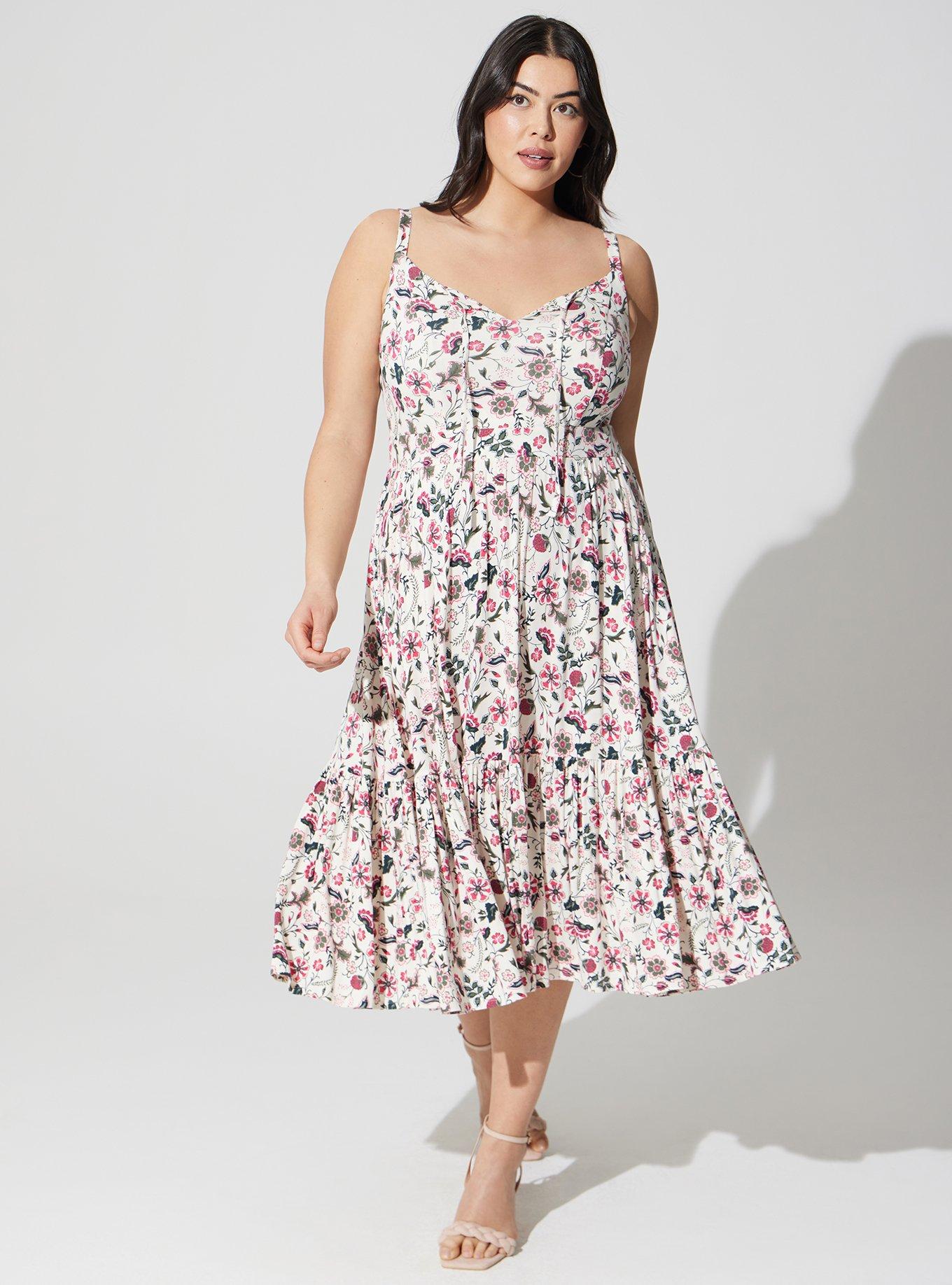 Plus Size Midi Supersoft Tiered Tie Front Dress, FLORAL IVORY, hi-res