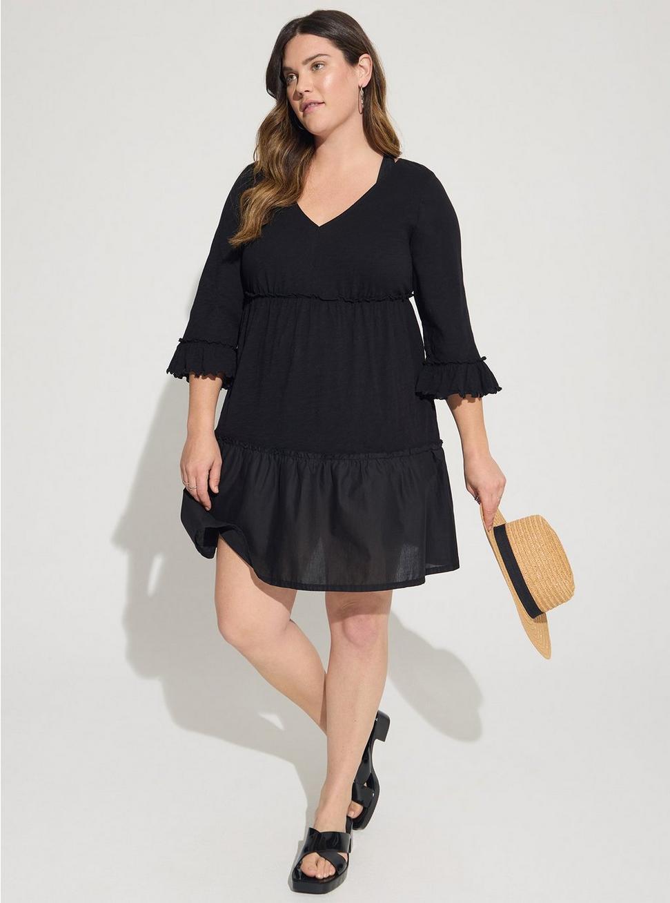 Mini Cotton Ruffle Long Sleeve Beach Dress, DEEP BLACK, hi-res