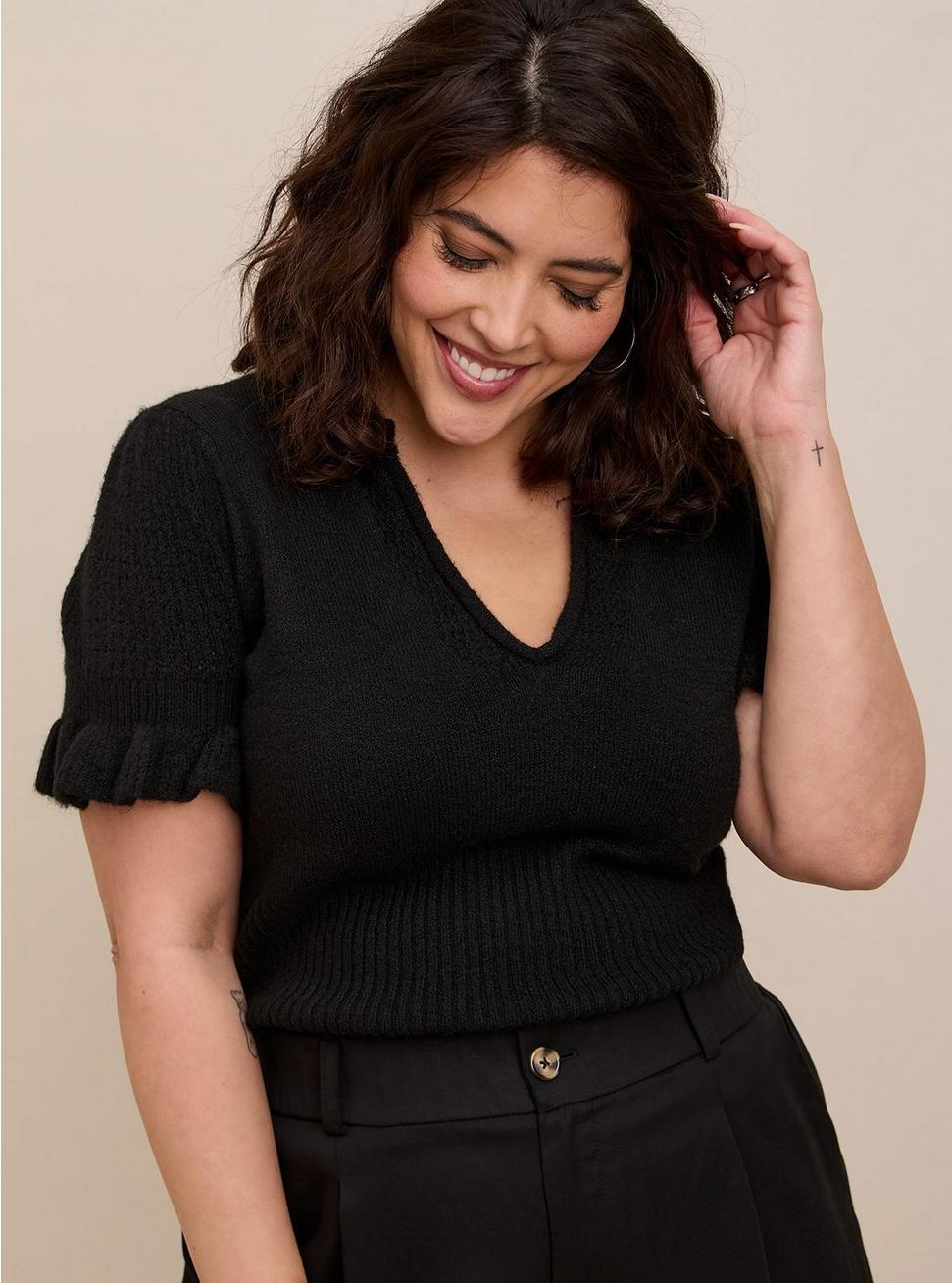 Plus Size Vegan Cashmere Pullover V-Neck Ruffle Elbow Sleeve Pullover Sweater, DEEP BLACK, hi-res