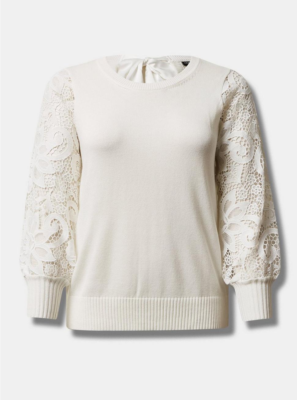 Pullover Lace Sleeve Sweater, WHITE, hi-res