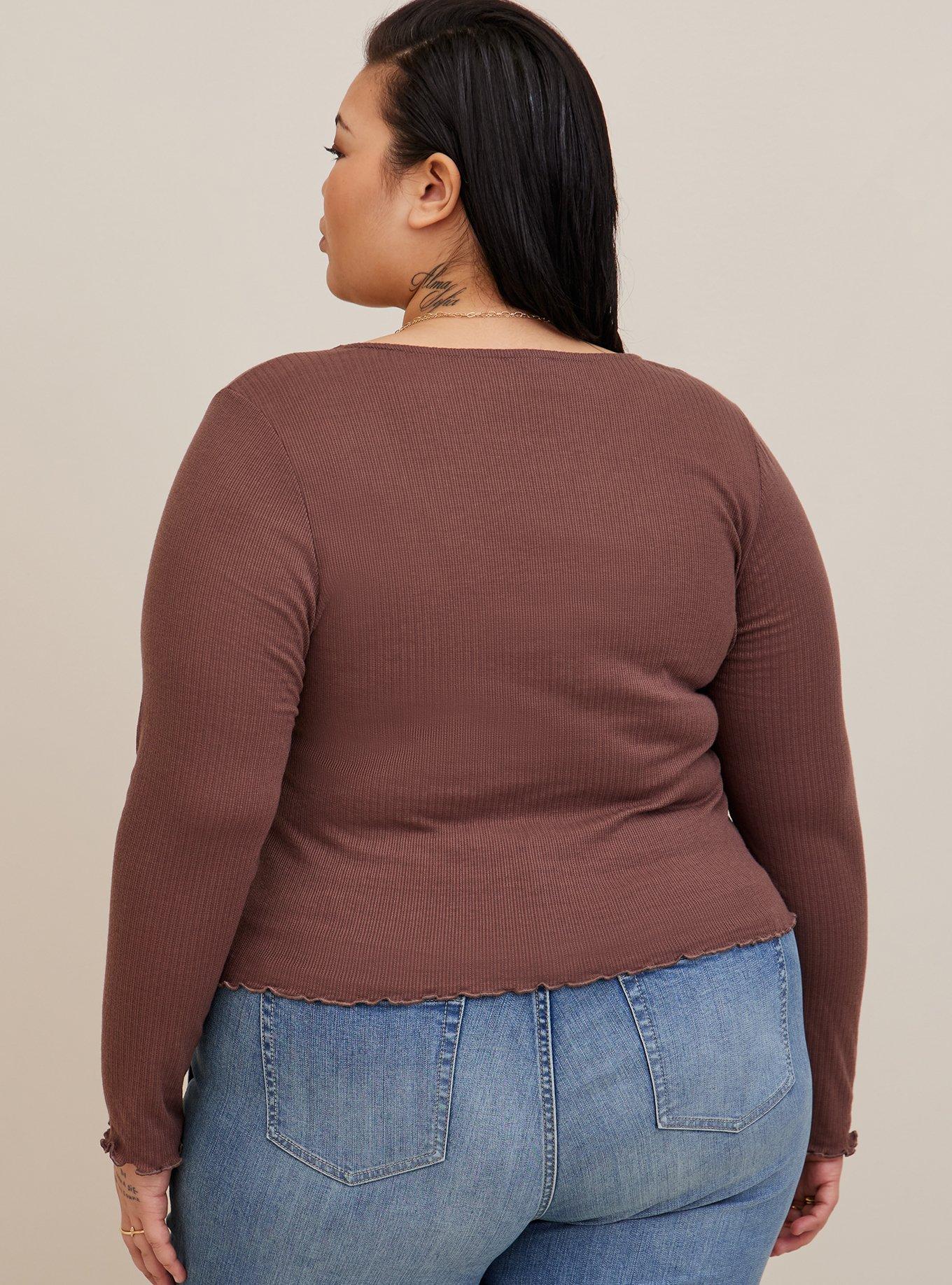 Pointelle Rib V-Neck Long Sleeve Crop Tee, BROWN, alternate