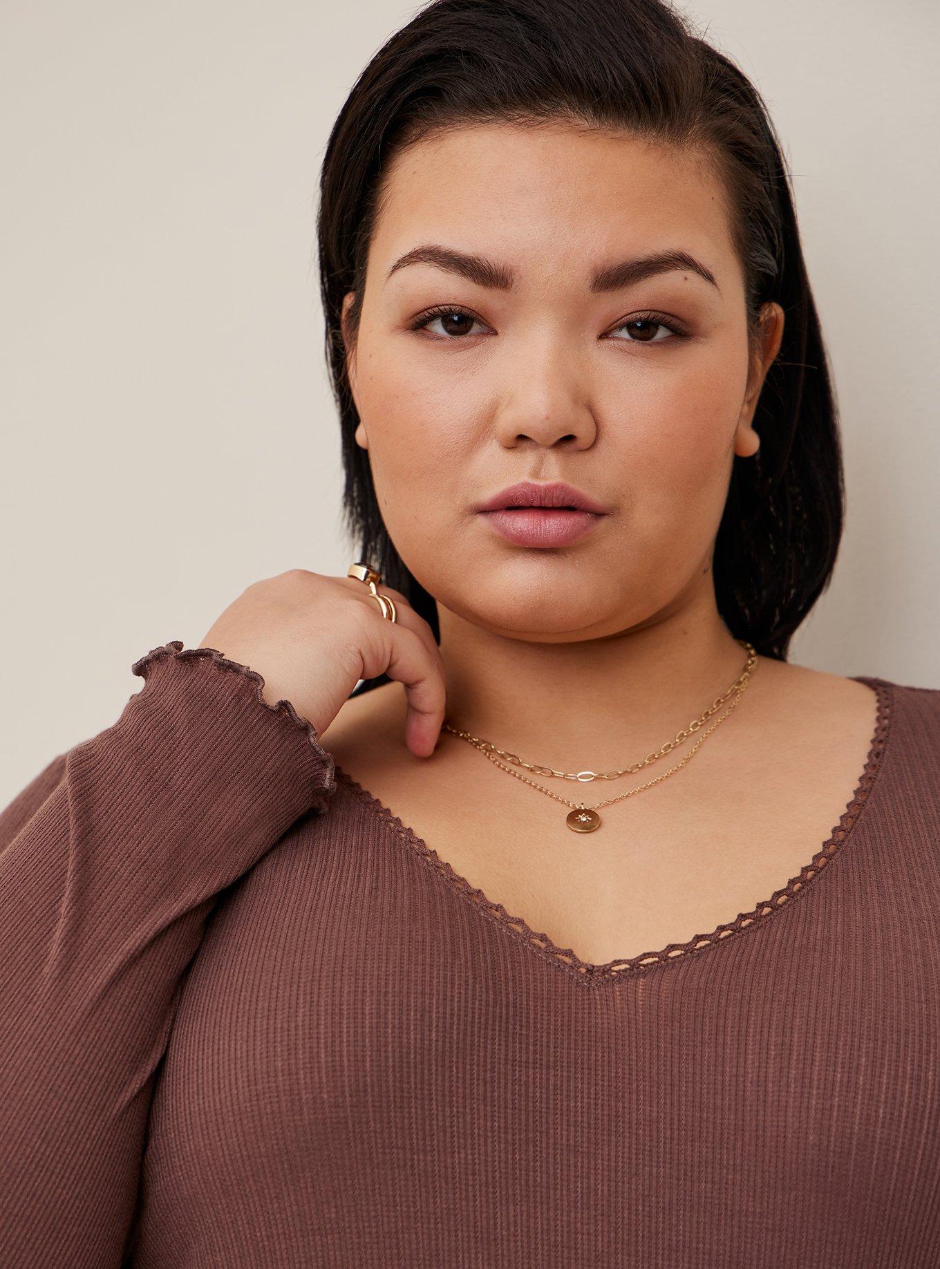 Pointelle Rib V-Neck Long Sleeve Crop Tee, BROWN, alternate